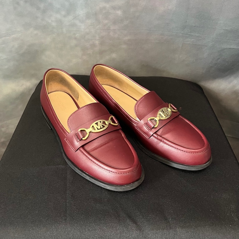 Michael Kors Merlot Loafers Gold MK Logo Bit S122E Mens 8.5M Maroon Slip On